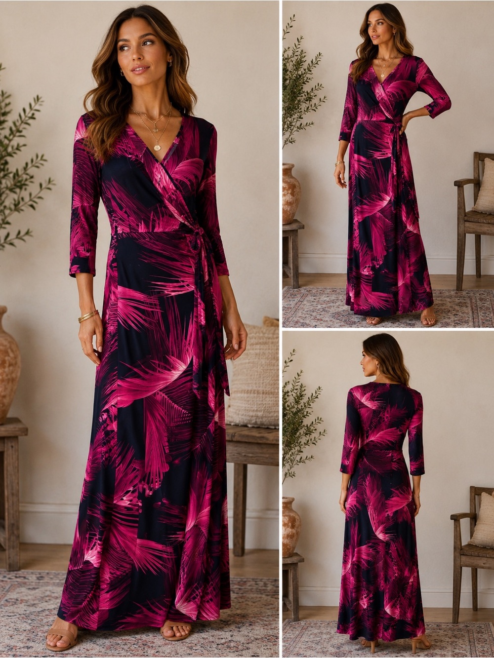 Women’s Fuchsia Palm-Print Wrap Maxi Dress